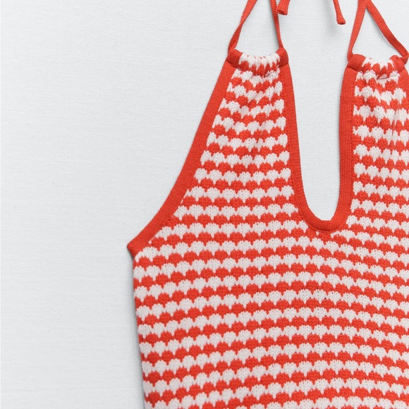 ZARA crochet halter tie crop top! Sleeveless red and white - Picture 4 of 11
